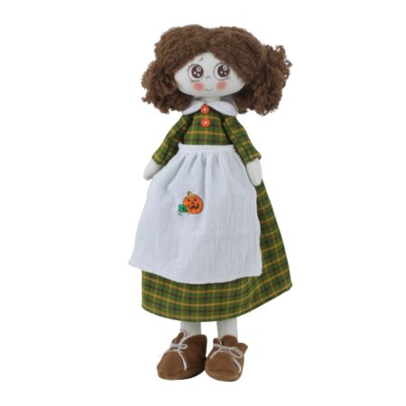 Păpușă handmade cu codițe și șorțuleț cu dovleac – personalizabilă cu nume