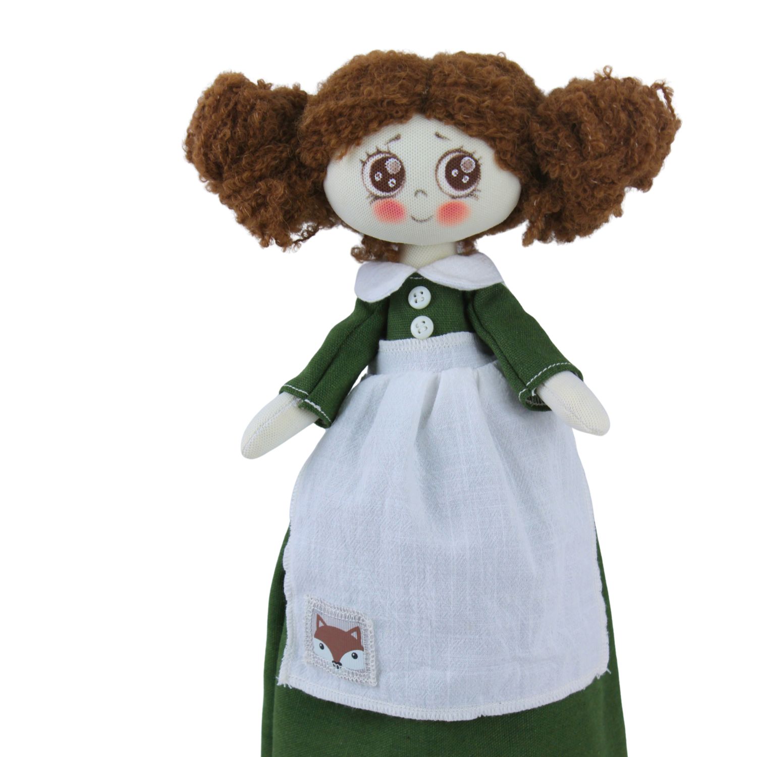 Păpușă handmade șatenă cu codițe, rochie verde și șorț cu vulpiță - imagine 3
