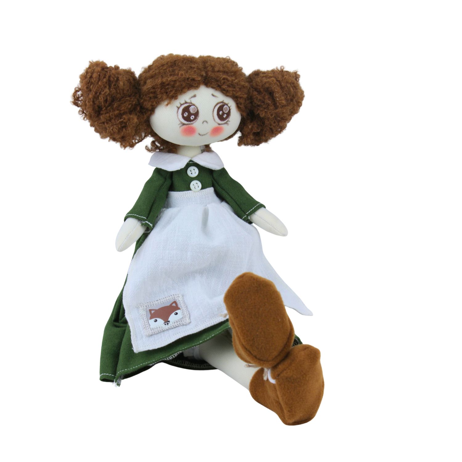 Păpușă handmade șatenă cu codițe, rochie verde și șorț cu vulpiță - imagine 4