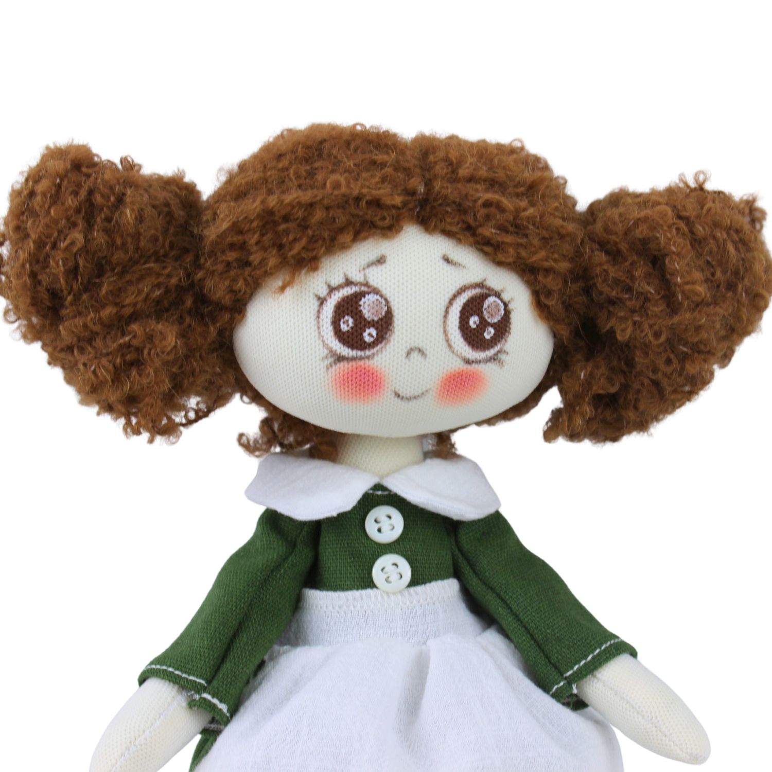 Păpușă handmade șatenă cu codițe, rochie verde și șorț cu vulpiță - imagine 2